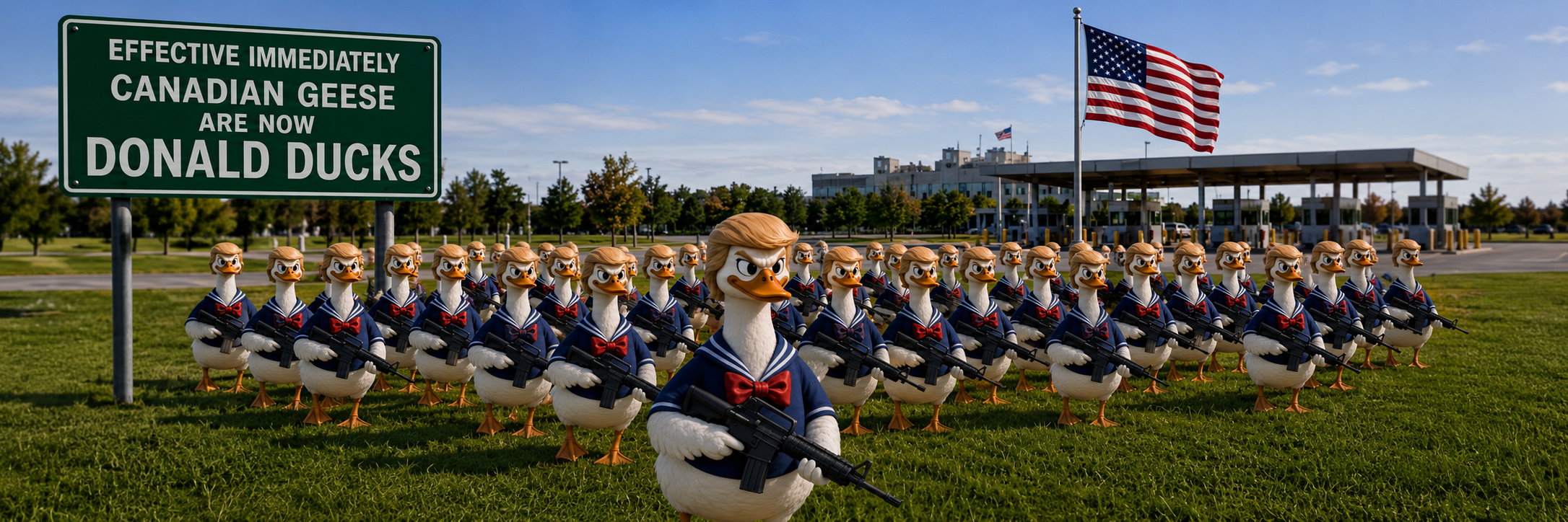 A formation of DONALD ducks in sailor uniforms lined up beneath a road sign reading: effective immediately, Canadian geese are now Donald Ducks